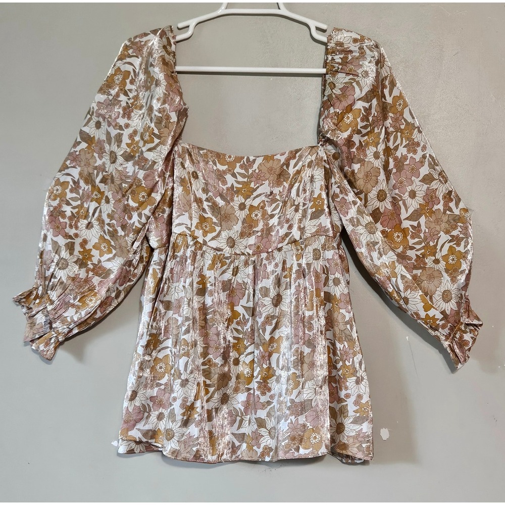 Storia Floral Metallic Puff Sleeve Boho top Blouse Size‎ L